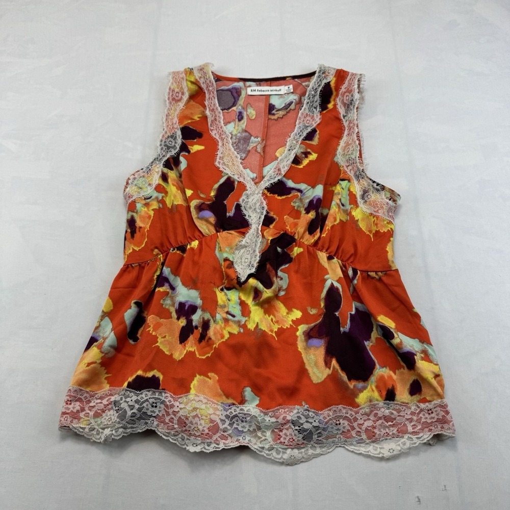 Rebecca Minkoff Womens M Orange Abstract Floral Lace Trim Sleeveless Blouse